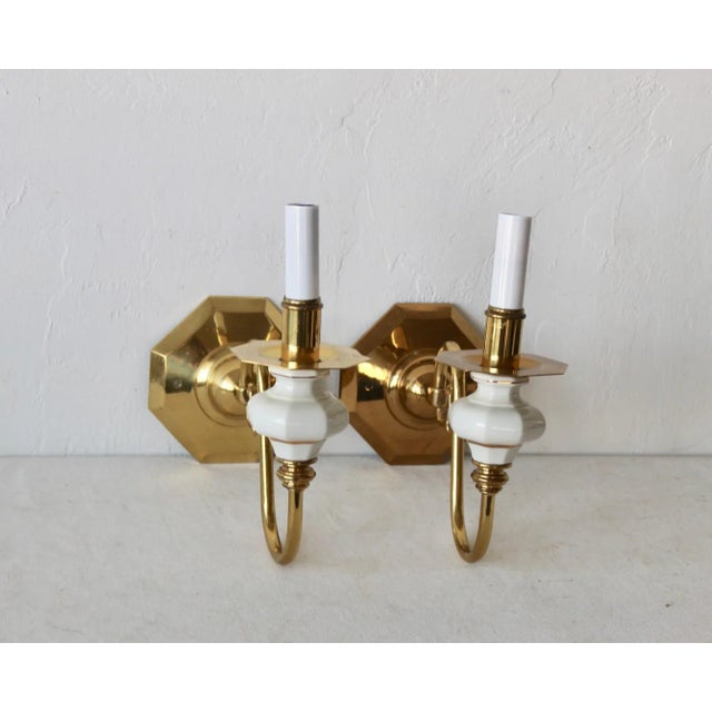 Brass Brass Wall Sconces Genuine White Porcelain 24k Gold Trim Detail Vintage Mid Century-A Pair For Sale - Image 8 of 10