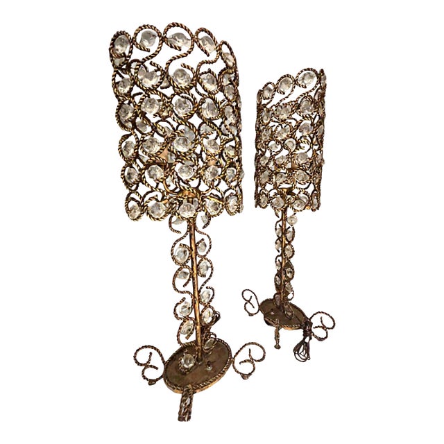 1970s Italian Gilded Metal Table Lamps With Cristal - a Pair For Sale