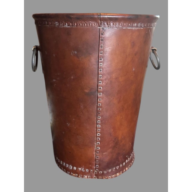 Art Nouveau Vintage Antique 13" Leather Stitched Waste Basket Can With Ring Handles For Sale - Image 3 of 12