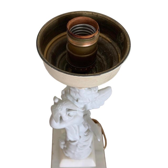 Late 19th Century Neoclassical Biscuit Porcelain Cherub Lamp Ruffled Milk Glass Shade For Sale - Image 12 of 15