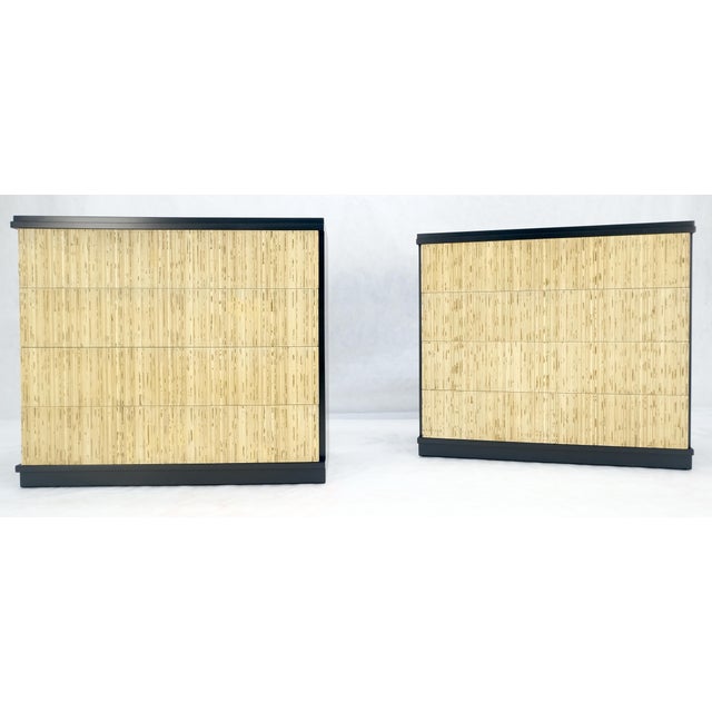 Black Pair Black Lacquer 4 Drawers "Linen Fold" Fronts Bachelor Chests Dressers MINT For Sale - Image 8 of 12