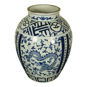 Antique Chinese Qing Dynasty Blue & White Ceramic Phoenix Dragon Mantel Urn