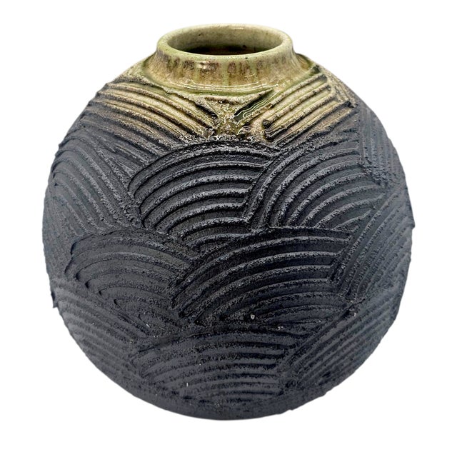 1990s 1990s Japanese Shigaraki Stoneware Textured Wave Vase With Original Box For Sale - Image 5 of 14