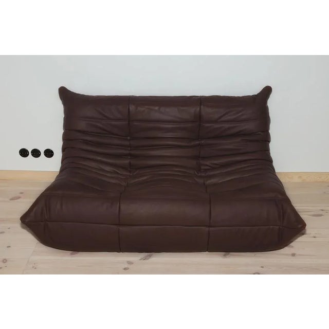 Dark Brown Leather Togo Lounge Chair, Corner and 2-Seat Sofa by Michel Ducaroy for Ligne Roset, Set of 3 For Sale - Image 9 of 16