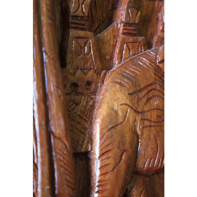 Vintage Southeast Asian Carved Teak Elephant & Temple Relief on Silk For Sale - Image 13 of 16