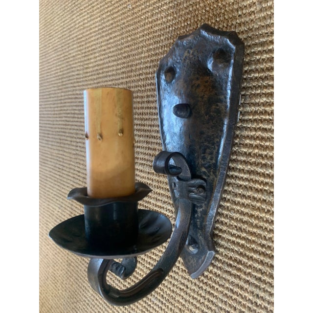 1920s Wrought and Cast Iron Hammered Wall Sconces - a Pair For Sale - Image 9 of 12