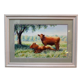 Circa 1996 l.m. Steadman Two Cows Resting in Pasture Watercolor, Signed For Sale