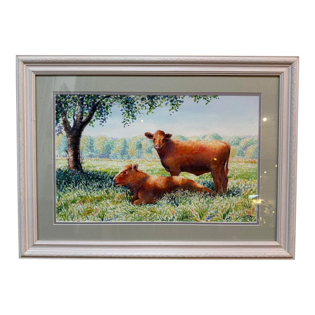 Circa 1996 l.m. Steadman Two Cows Resting in Pasture Watercolor, Signed For Sale