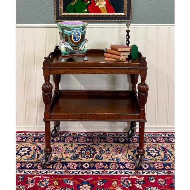 Antique English Trolley Tea Cart Pastry Cocktail Bar Cart Tray Tudor Oak 1930s 2 For Sale In Dallas - Image 6 of 18