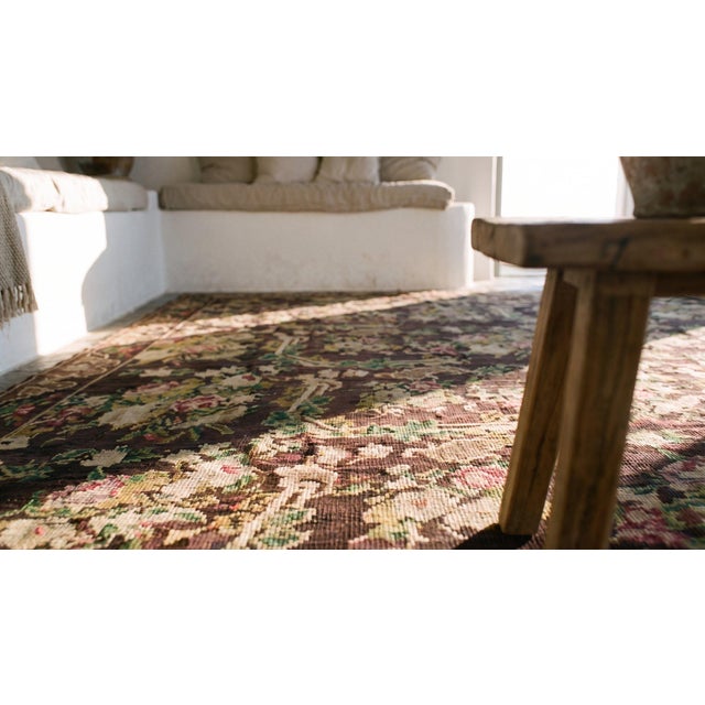 Textile Astonishing Brown Ground in Cute Folk Art Style Antique European Needlepoint Rug For Sale - Image 7 of 9