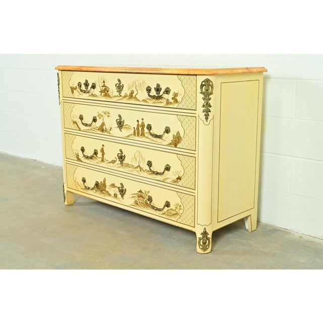 Chinoiserie Baker Furniture Style French Regency Louis XVI Chinoiserie Cream Lacquered Dresser Chest For Sale - Image 3 of 17