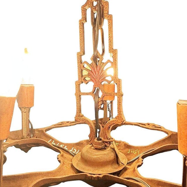 1920s Art Deco Brass Five Light Romantic Revival Polychrome Candelabra Chandelier For Sale In Los Angeles - Image 6 of 7
