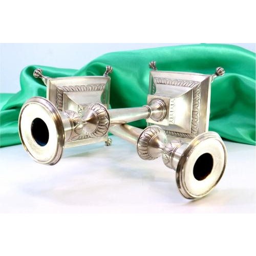 Metal Silver Candlesticks with Reliefs, Set of 2 For Sale - Image 7 of 8