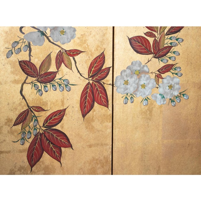 C. 1970s Chinese Six-Panel Gold Leaf Style Painted Screen "Blossoming Plum Tree" For Sale - Image 9 of 18