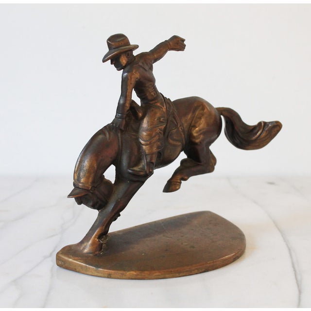 Farmhouse Vintage Russwood Solid Bronze Cowboy Riding Horse Bookend For Sale - Image 3 of 9