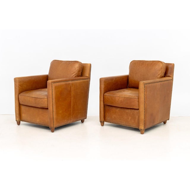 Modern Revelation Tan Leather Club Chairs, Pair For Sale - Image 3 of 10