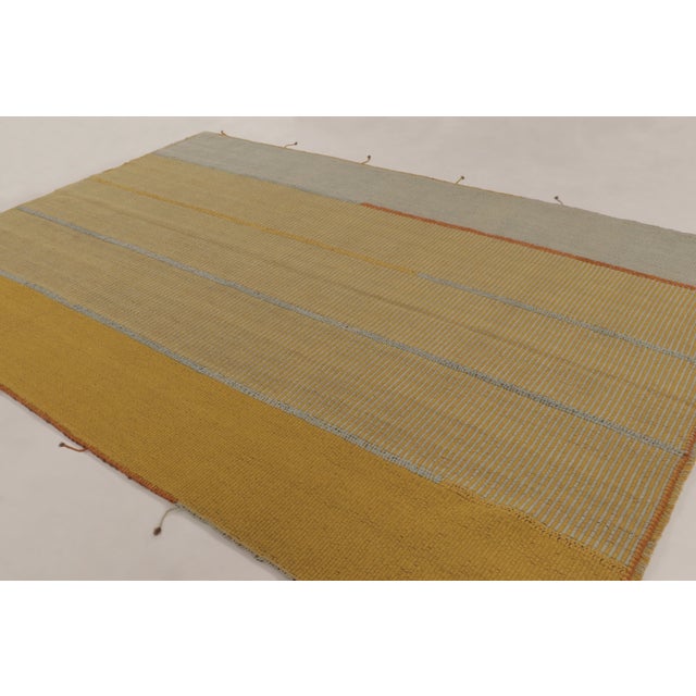 Contemporary Rug & Kilim Contemporary Rez Kilim Flatweave Rug With Gold & Gray Striped Design For Sale - Image 3 of 10