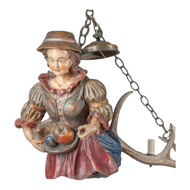 Antique Black Forest Lusterweibchen Figural Chandelier, Polychrome Carved Wood Maiden With Fruit, Swiss, 19th Century [Hb] For Sale