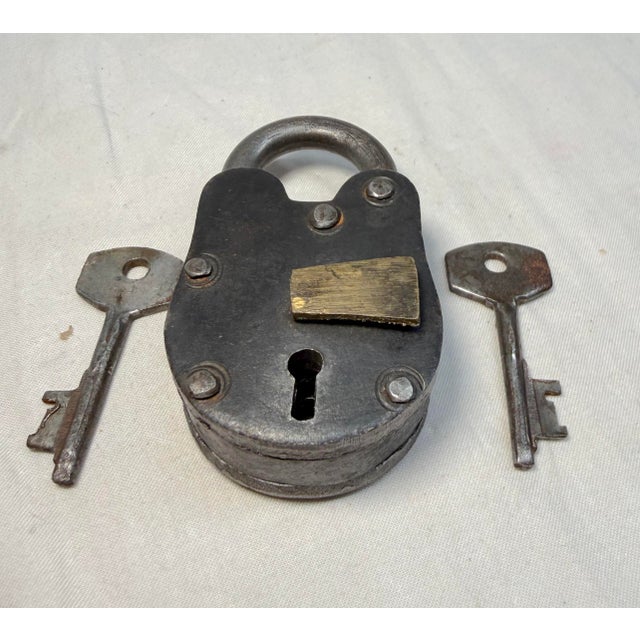 1930s Antique Working Handmade Miniature Riveted Steel Brass Skeleton Key Pad Lock For Sale - Image 5 of 10