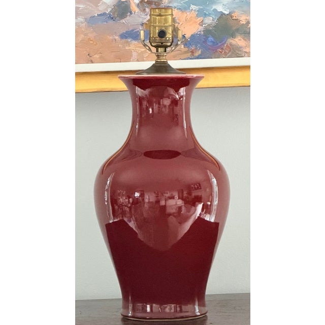 Chinese Tall Sang De Boeuf Oxblood Red Chinese Porcelain Lamp With Shade For Sale - Image 3 of 10