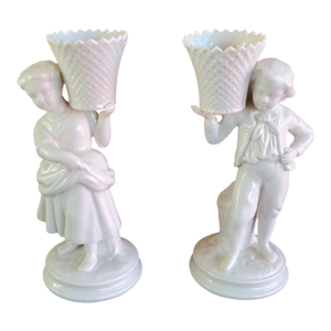 Vintage Belleek Victorian Boy and Girl With Basket Candle Holders- Set of 2
