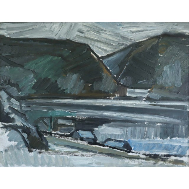 Blue Mid-Century Modern 'Winter Valley' Vintage Swedish Expressive Landscape Oil Painting, Framed For Sale - Image 8 of 13