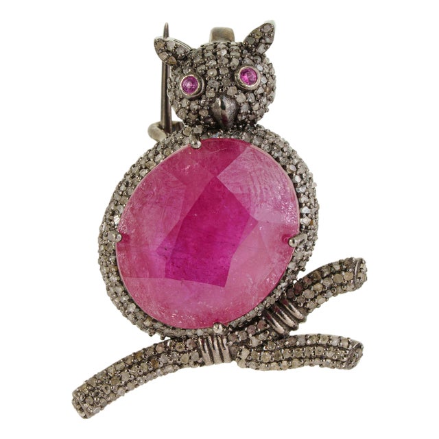 10 Ct Ruby & Diamond Wise Owl Oxidized Silver Unisex Brooch Pendant - Christmas Jewelry For Sale