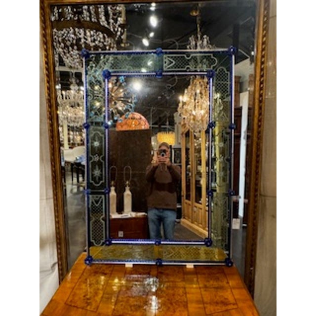 Silver Venetian Etched Glass Mirrors With Cobalt Blue Accents For Sale - Image 8 of 8