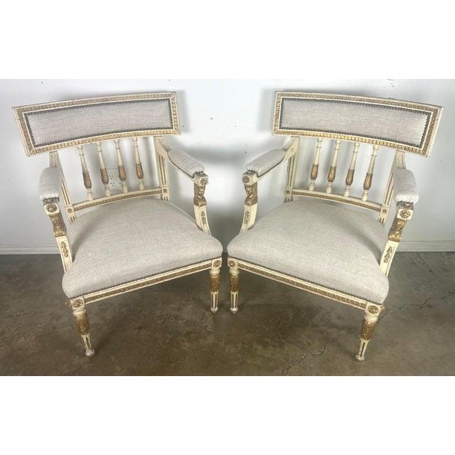 1900 - 1909 Pair of Italian Neoclassical Style Painted & Parcel Gilt Armchairs C. 1900's For Sale - Image 5 of 15