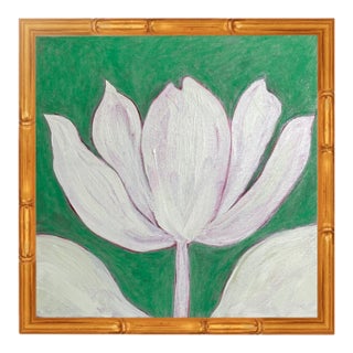 Original Framed Tulip Painting, Green Floral Wall Art, Acrylic on Canvas in Gold Bamboo Frame, 13x13 Botanical Boho Home Decor For Sale