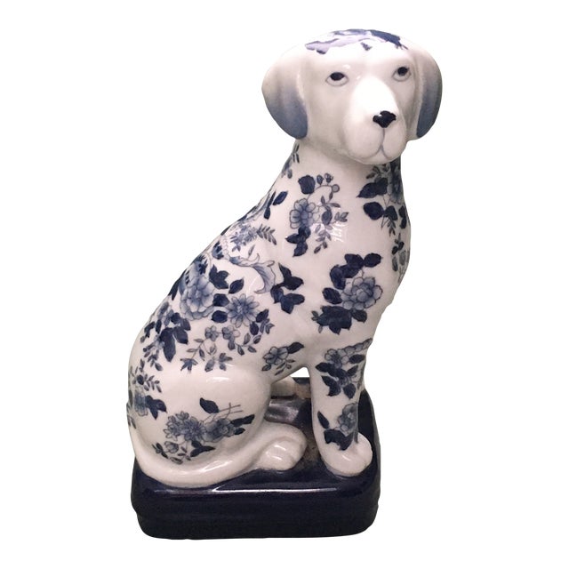 Vintage Mid 20th Century Blue & White Floral China Dog For Sale