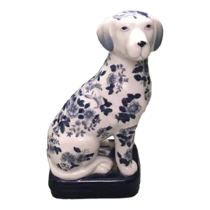 Vintage Mid 20th Century Blue & White Floral China Dog
