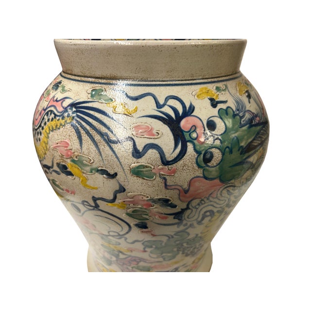 Vintage Historic Treasure Dragon Theme Beige Base Ceramic Pot Vase For Sale - Image 4 of 8