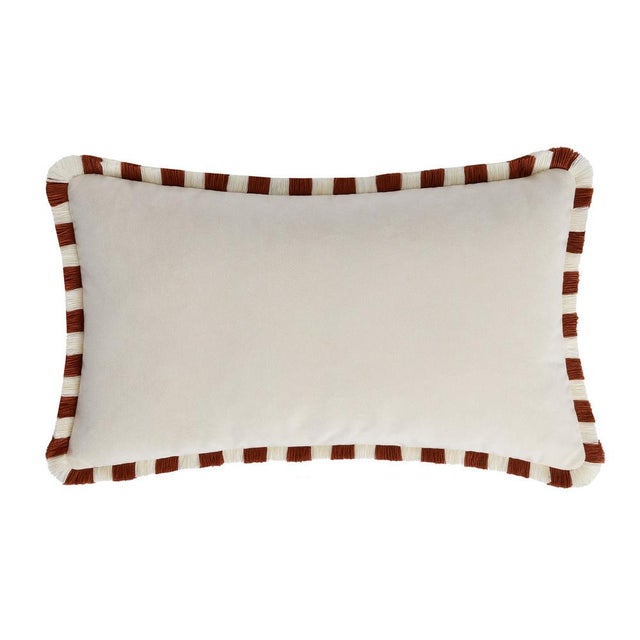 Bicolor Brick Velvet Cushion with Brick and White Fringes by Lo Decor For Sale - Image 6 of 8
