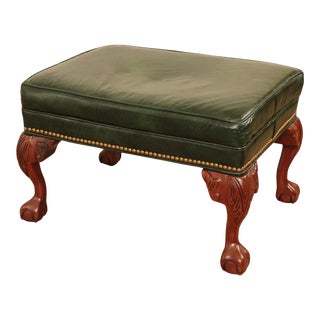 Westchester Green Leather Chippendale Style Ball & Claw Ottoman For Sale