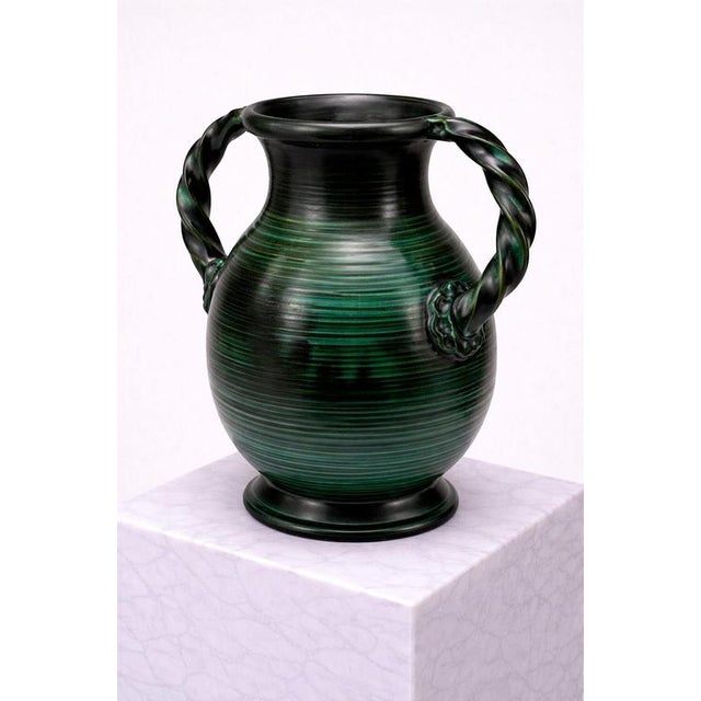 Ceramic Large Art Deco Green Glazed Ceramic Twin-Handled Vase from Upsala Ekeby, Sweden, 1930s For Sale - Image 7 of 8