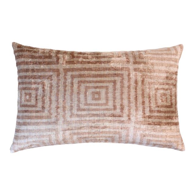 Beige Geometric Silk Velvet Pillow 16x24 Handmade Luxury Cushion For Sale