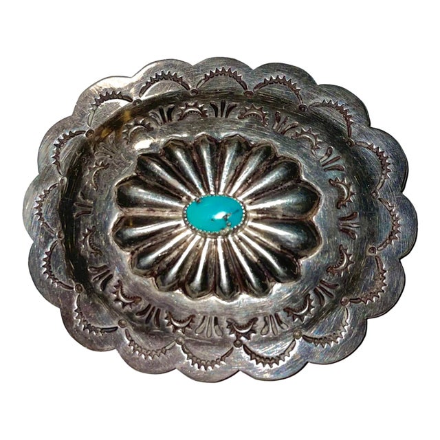 Mid 20th Century Antique Navajo Silver With Turquoise Belt Buckle, Signed For Sale