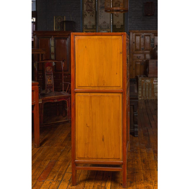 Brown Chinese Ming Dynasty Style Cabinet with Gilt Carved Court and Work Scenes For Sale - Image 8 of 11