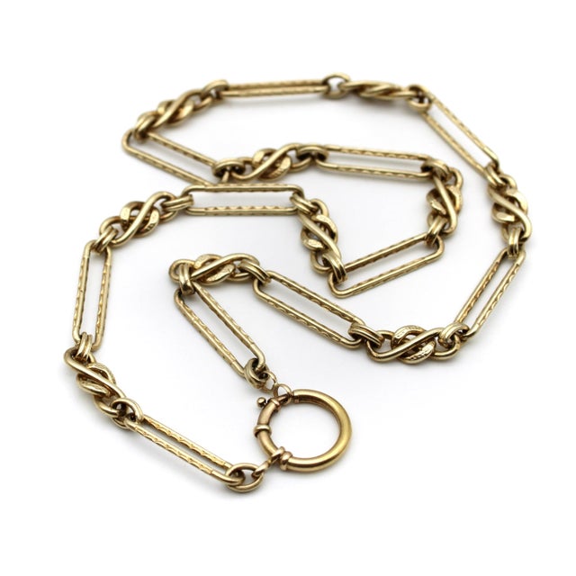Contemporary Vintage Victorian Inspired 14k Gold Fancy Link Chain With Large Spring Ring For Sale - Image 3 of 8