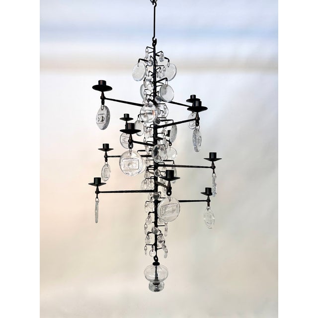 Large Vintage Candle Chandelier in Mouth-Blown Glass and Wrought Iron by Erik Höglund for Boda Smide, 1960s For Sale - Image 12 of 18