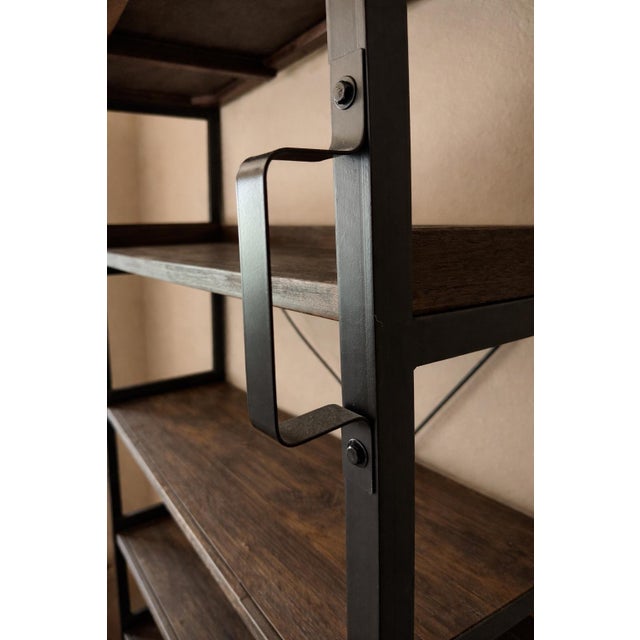 Industrial Industrial Wood and Metal Shelving Unit With Integrated Metal Handles and Foot Rail For Sale - Image 3 of 6