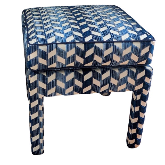 Traditional Schumacher Chevron Strie Velvet in Lapis Blue Parsons Ottomans - Pair For Sale - Image 3 of 9