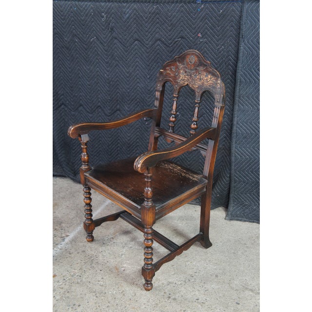 6 Antique Jacobean Spanish Revival Oak Dining Chairs Gothic Arched Back For Sale - Image 10 of 15