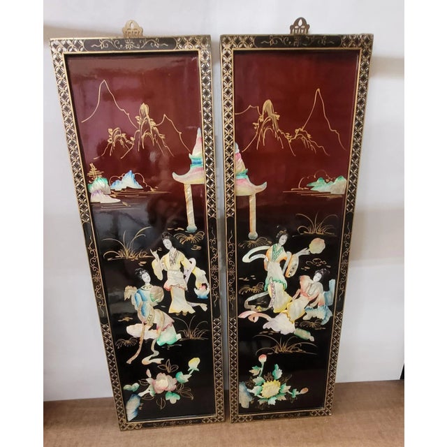Vintage Pair Oriental Wall Art Hanging Asian Decor Wood Frame Black Lacquer Handcrafted Raised For Sale - Image 4 of 9