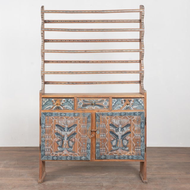 Folk Art Early 19th Century Swedish Hand-Painted Narrow Cupboard With Plate Rack For Sale - Image 3 of 13
