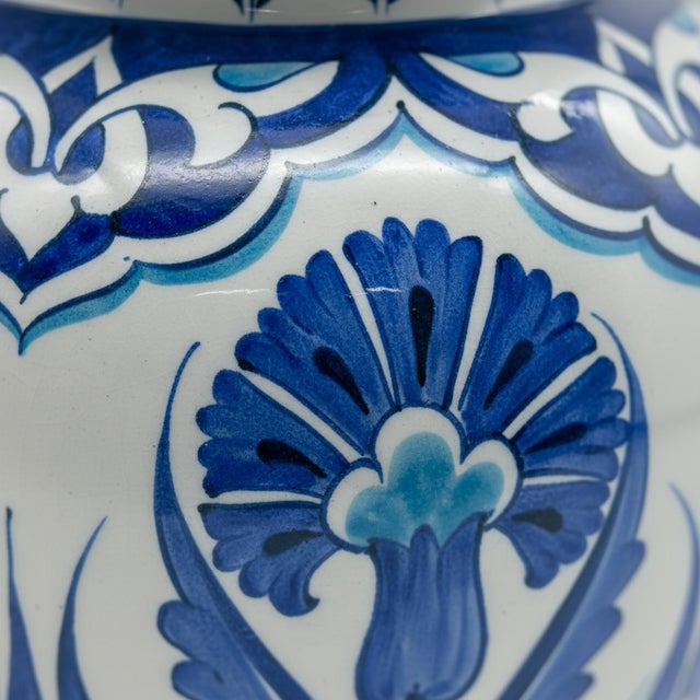 Turkish Handmade Ceramic “Kupecik” Ginger Jar (20cm) – Blue Iznik Tulips on Stippled Dotwork – Lidded Vase For Sale - Image 3 of 8