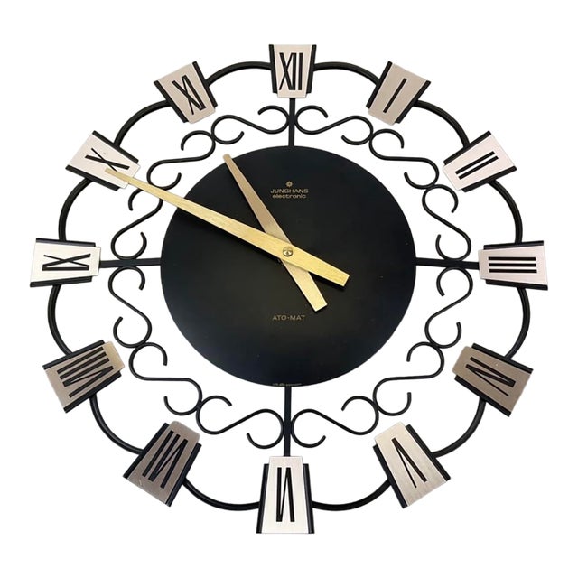 Mid-Century Modern Junghans Electronic "Ato-Mat" Wrought Iron Wall Clock For Sale