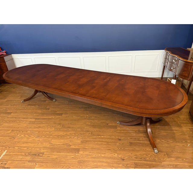 Traditional Traditional Oval Banded Mahogany Double Pedestal Dining Table by Leighton Hall - Showroom Sample For Sale - Image 3 of 12