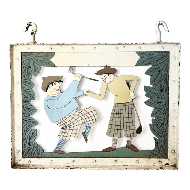 Large Hand-Cut Metal Painted Golf Sign With Knickerbocker Figures For Sale